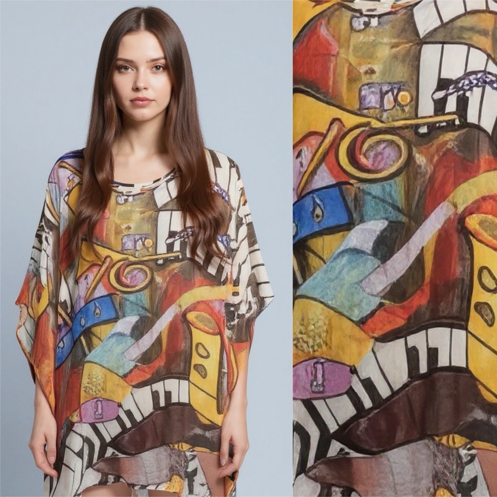 Sterling Styles Wearable Art Musician Guitar Keyboard Abstract Colorful Top Rare